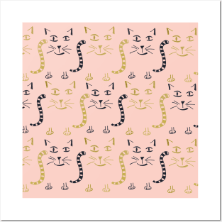 Gold black cats pattern on pink Posters and Art
